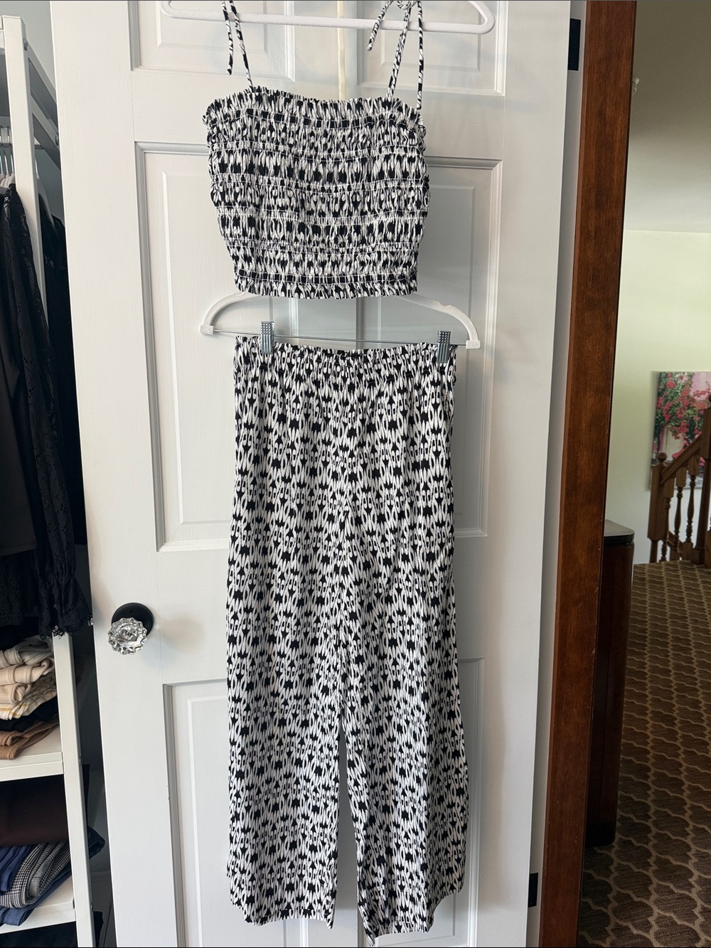 LOFT Black and White Smocked Crop Top and Wide-Leg Pants Set